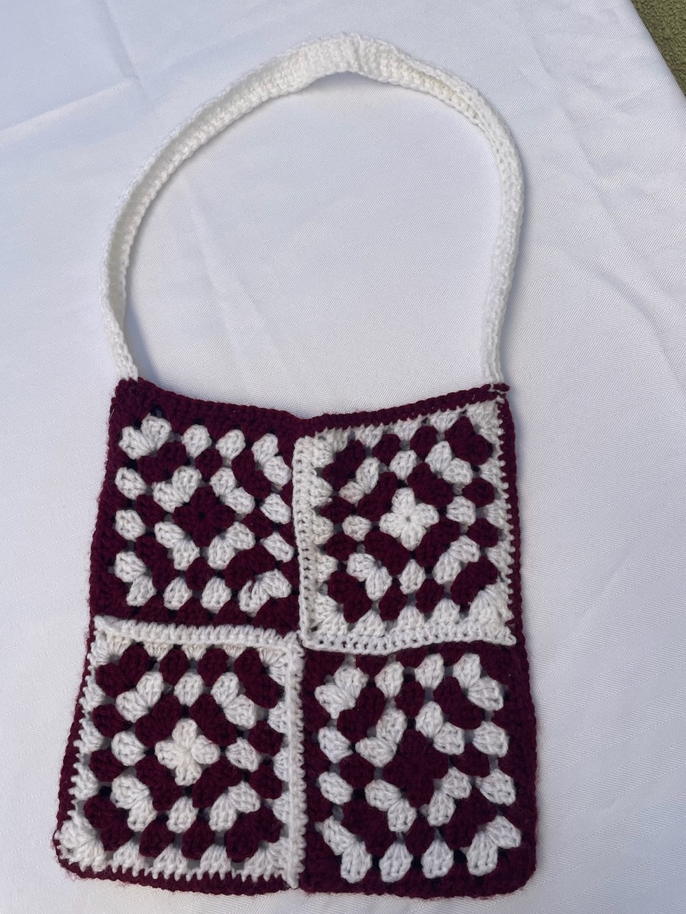 Handmade Crochet Square Shoulder Bag in Burgundy and White